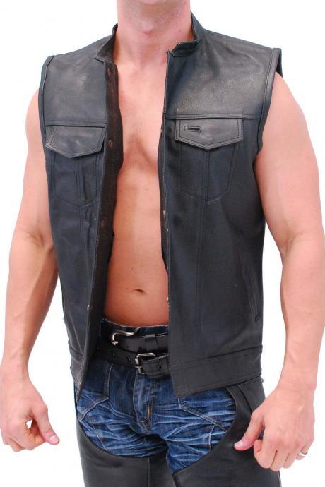 Men real leather vest, black men vest with gun pockets