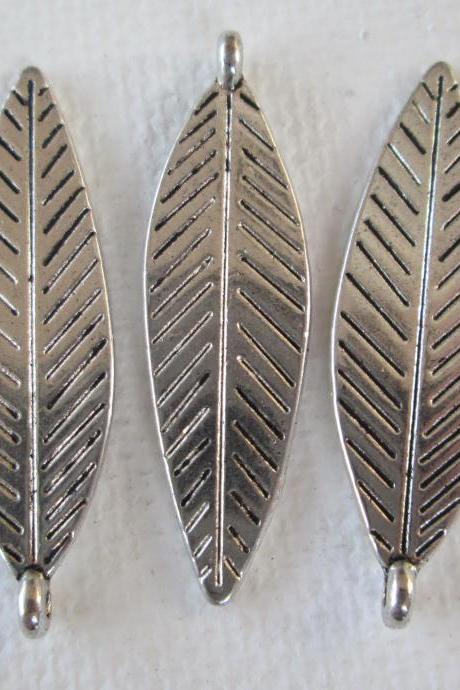 5PCS - Leaf Charms - Silver Toned - 33x10mm - Supplies by Zardenia