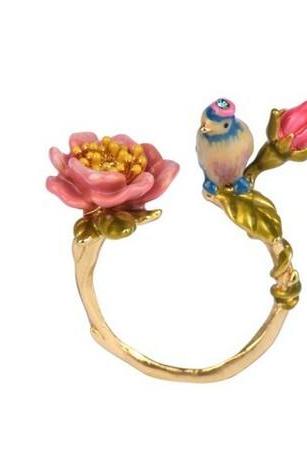 Authentic Les Nereides Flower Bird Enamel Glaze Pink Flowers And Vines Adjustable Opening Ring