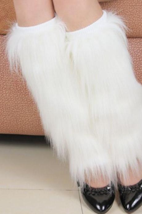 White Fur Leg Warmer-40cm High Shoe Boots Cover Faux Fur Women Leg Warmer