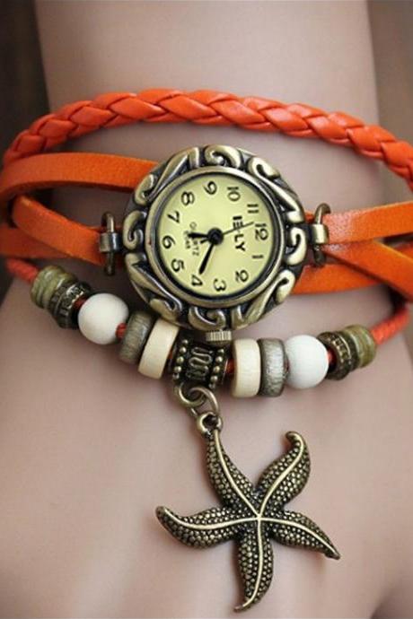 Stylish Quartz Weave Wrap Synthetic Starfish Leather Bracelet Women's Wrist Watch