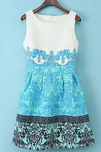 High Quality Sleeveless Round Neck Dress With Zip - Blue