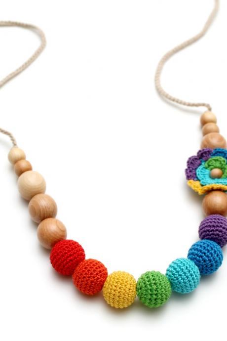Crochet Rainbow Juniper Nursing Necklace with rainbow crochet flower - Woldorf toy Spring accessory