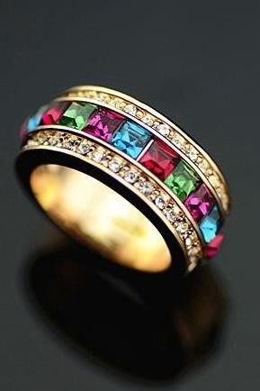18K YGP Multi Color Pave setting Austrian Crystal Band Ring