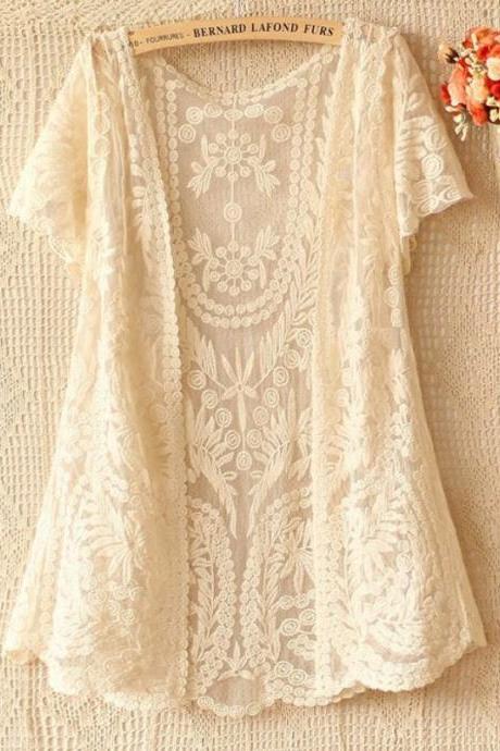 Lace Cardigan Bolero Shrug Off White Lace Crochet Short Sleeve Cardigan-White Summer lace Shrugs-READY TO SHIP