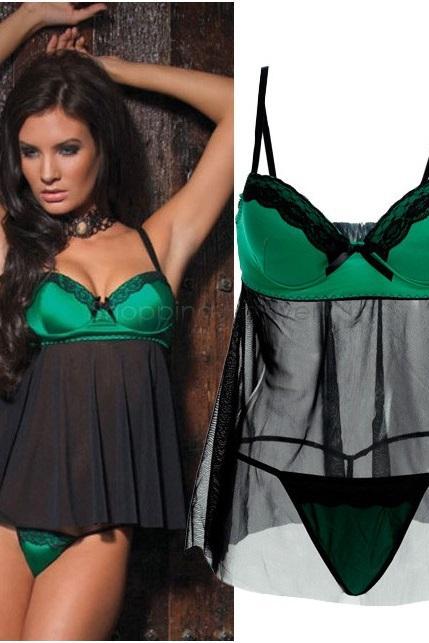 Sexy Green Black Babydoll Lace Chemise Lingerie - Available In Sizes S, L, XXL