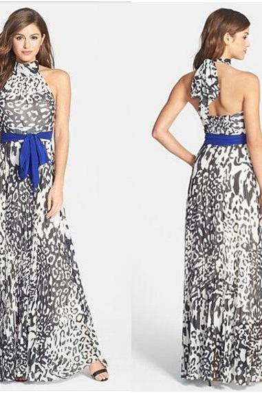 Long Sexy Sleeveless Halter Neck Maxi Print Dress - (Size S, M, L, XL)