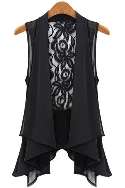Exquisite Lace Back Asymmetrical Design Chiffon Waistcoat - Black 