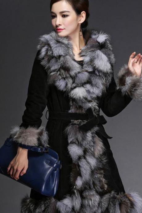 Black Coat Genuine Fox Fur Leather Pink Coat Jacket -Fox Fur Winter Coat-Genuine Fur Winter Coat for Women