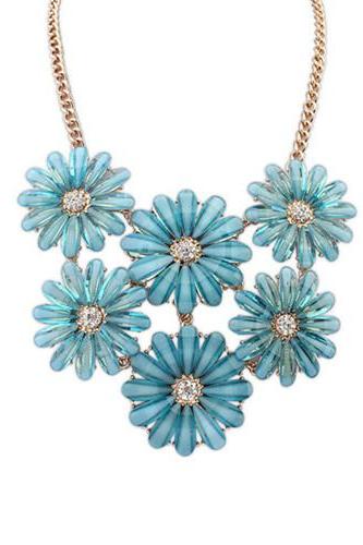 Little Blue Daisy Flower Crystal Short Statement Necklace 