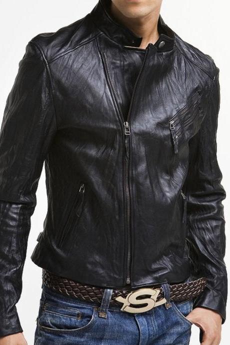 Men's biker leather jacket, black bomber jacket mens