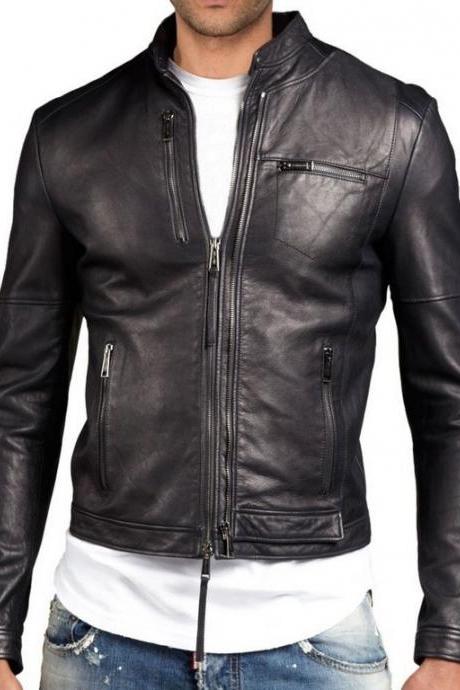 MENS SLIM-FIT LEATHER JACKET WITH ZIP POCKET, LEATHER JACKETS MEN'S