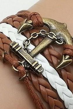 Antique Bronze Anchor Bracelet Charm Bracelet Combination BraceletBrown Wax Cords Brown White Leather Bracelet Cute Personalized Bracelet