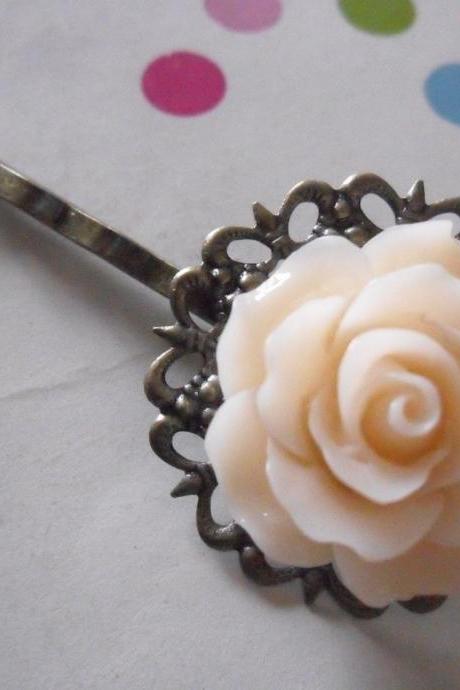 Cream Vintage Rose and Bronze Filigree Lace Bobby Pin - bronze hair clip slide pins grip