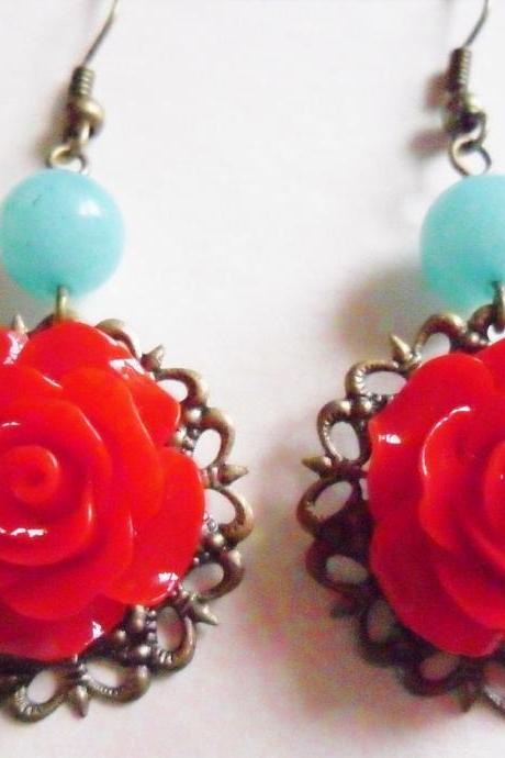 Rockabilly Rose Drop Earrings in Romantic Red with Aqua Jade and Vintage Brass - spring flower dangles