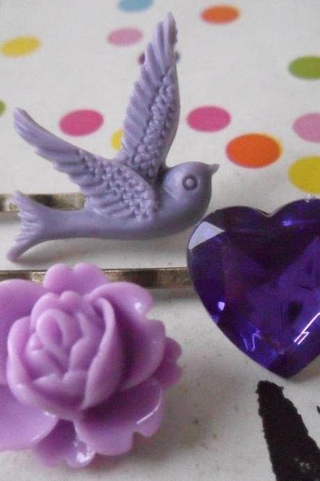 Lilac Ultraviolet Swallow Bobby Pin Set - bronze hair clips slides pins grips heart vintage
