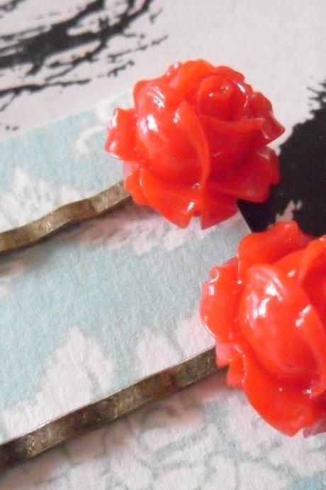A Pair of Lipstick Red Vintage Rosebud Bronze Bobby Pins - hair clips slides pins flower