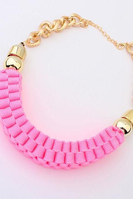 2014 New Fashion Handmade Cotton Cord Weave sugar color Necklace Chunky Chain Golden Collar Choker For Women