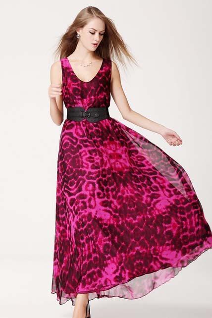 Fashion Glamorous Plunging V Neck Printed Dress With Belt - Rose