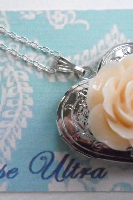 Peaches and Cream Vintage Rose Heart Silver Locket