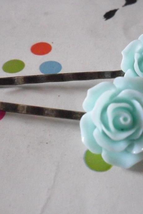 A Pair of Light Aquamarine Blue Vintage Rose Bronze Bobby Pins - hair clips slides pins flower