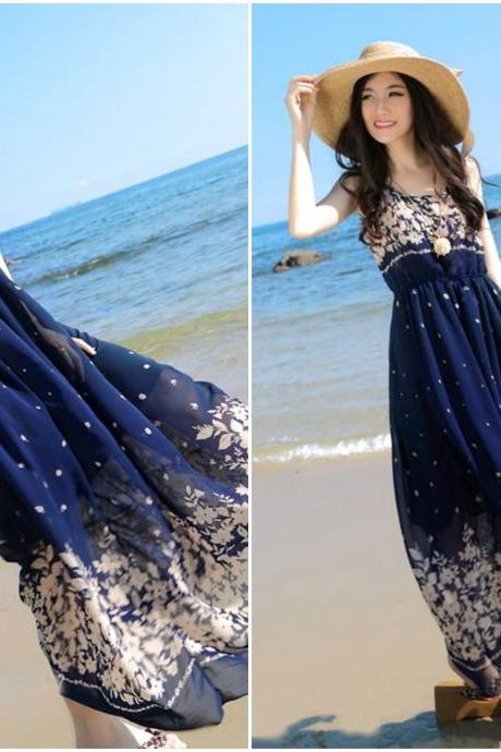 Dark Blue Bohemian Chiffon Floral Maxi Dress
