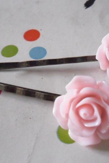 A Pair of Baby Pink Vintage Rose Bronze Bobby Pins - hair clips slides pins flower