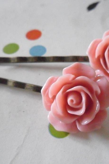 A Pair of Old Pink Vintage Rose Bronze Bobby Pins - hair clips slides pins flower