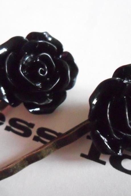 A Pair of Pitch Black Vintage Rose Bronze Bobby Pins - hair clips slides pins flower