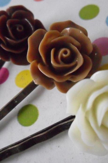 Triple Chocolate Vintage Rose Bobby Pins - bronze hair clips slides pins grips brown cream rose