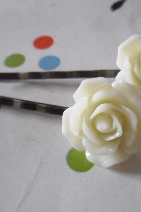 Rose Bobby Pins in Lemon Chiffon and Antique Bronze - vintage style hair clips slides pins rockabilly flower