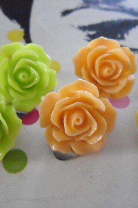 Citrus Fruits Vintage Resin Rose CLIP ON earrings FLOWER clip-ons set green yellow orange