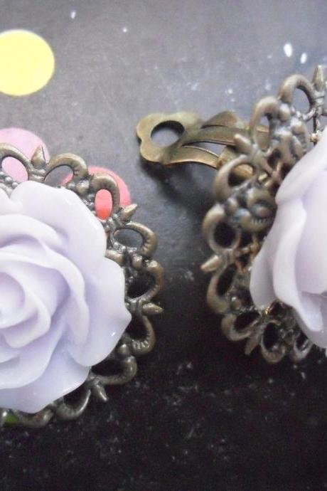 CLIP ON Lavender Mist Filigree Lace Vintage Resin Rose Earrings Flower clip-ons ear clips non pierced