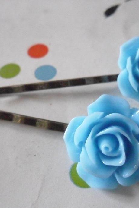 A Pair of Cornflower Blue Vintage Rose Bronze Bobby Pins - hair clips slides pins flower