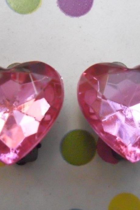 CLIP ON Candy Pink Sparkly Vintage Jewel Heart Earrings Clip-ons non-pierced