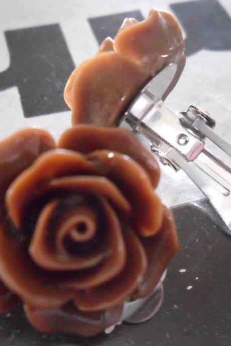 Dark Chocolate Vintage Resin Rose CLIP ON earrings FLOWER clip-ons