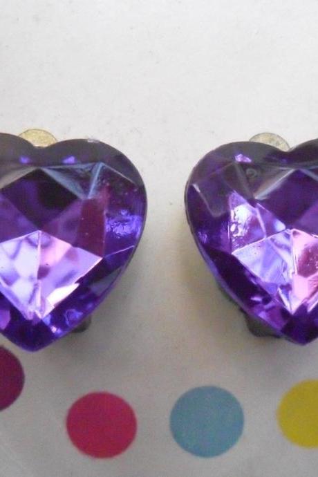 CLIP ON Ultraviolet Purple Sparkly Vintage Jewel Heart Earrings Clip-ons non-pierced
