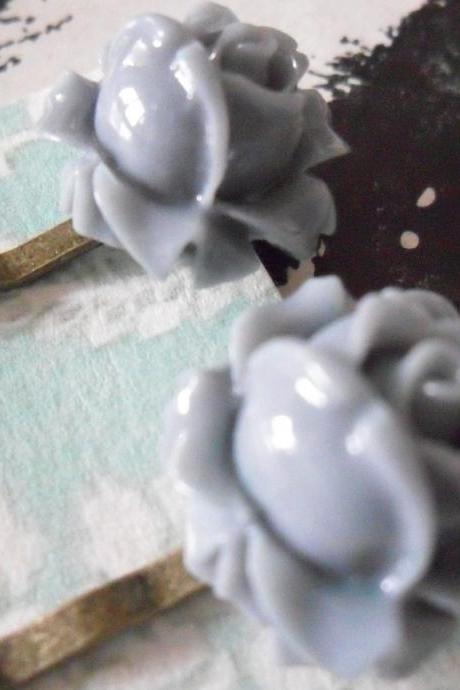 A Pair of Smoky Grey Vintage Rosebud Bronze Bobby Pins - hair clips slides pins flower gray