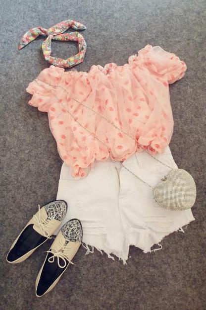 Sweet Chiffon Mouth Print Short Top, Lovely Mouth Top, Cute Puff-sleeve Top, Summer Puff-Sleeve Top, Top