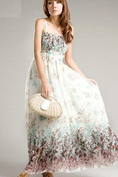 Beautiful Bohemian Strap Chiffon Floral Beach Long Style Dress