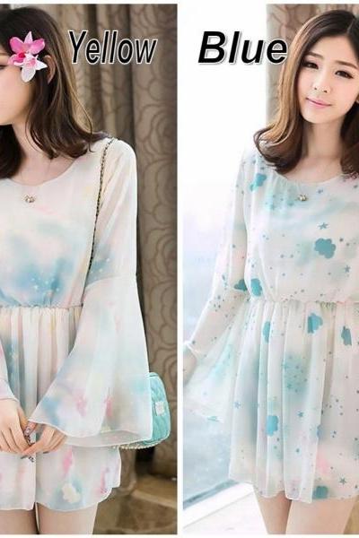 Sweet Dream Dazzle Colour Star Printing Horn Long Sleeve Tunic Mini Dress (2 Colors)