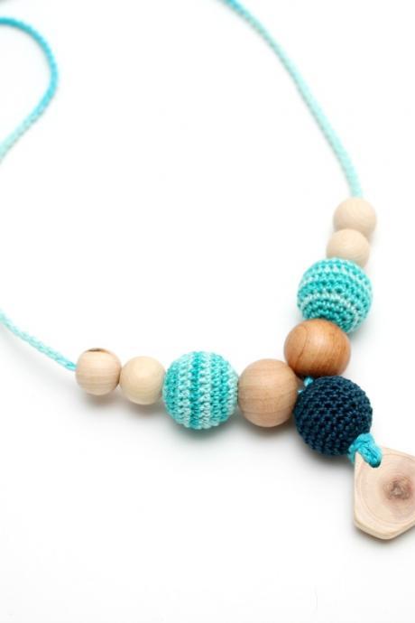 Turquoise & Petrol Organic Nursing/Breastfeeding juniper necklace with pendant, Babywearing necklace, Teething toy