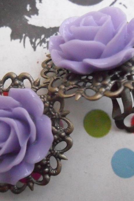 CLIP ON Lilac Filigree Lace Vintage Resin Rose Earrings Flower clip-ons ear clips non pierced