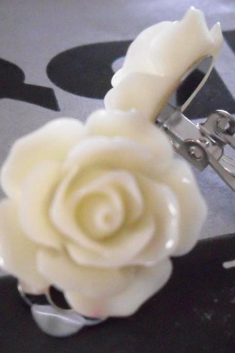 Lemon Cream Chiffon Vintage Resin Rose CLIP ON earrings FLOWER clip-ons