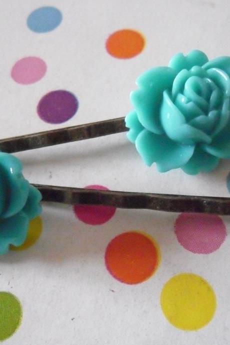A Pair of Teal Green Vintage Peony Antique Bronze Bobby Pins - hair clips slides pins flower