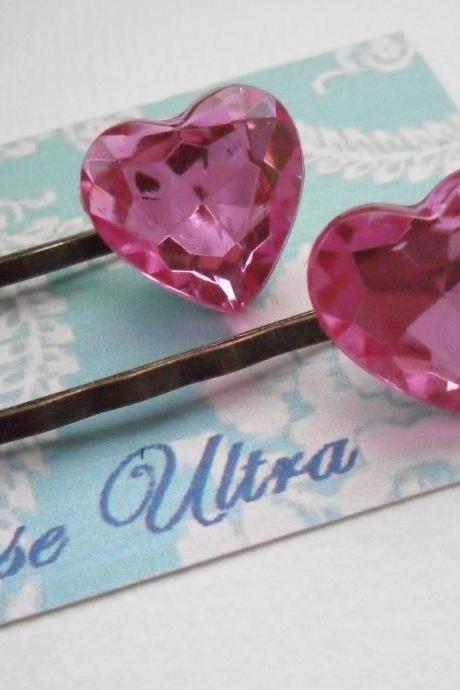 A Pair of Candy Pink Jewel Heart Bobby Pins