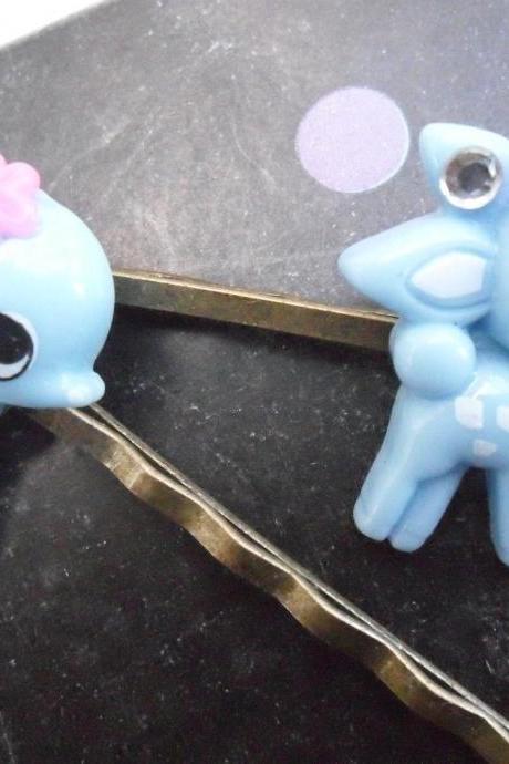 Pair of Light Blue Bambi Baby Deer on Antique Bronze Bobby Pins hair pins clips slides