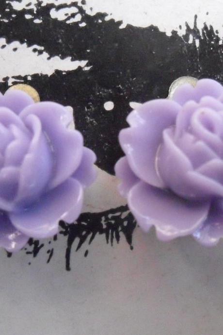 CLIP ON Lilac Purple Vintage Resin Peony Earrings FLOWER clip-ons non-pierced