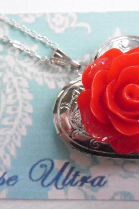 Bright Red Vintage Rose Heart Silver Locket