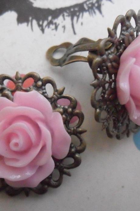 CLIP ON Baby Pink Filigree Lace Vintage Resin Rose Earrings Flower clip-ons ear clips non pierced